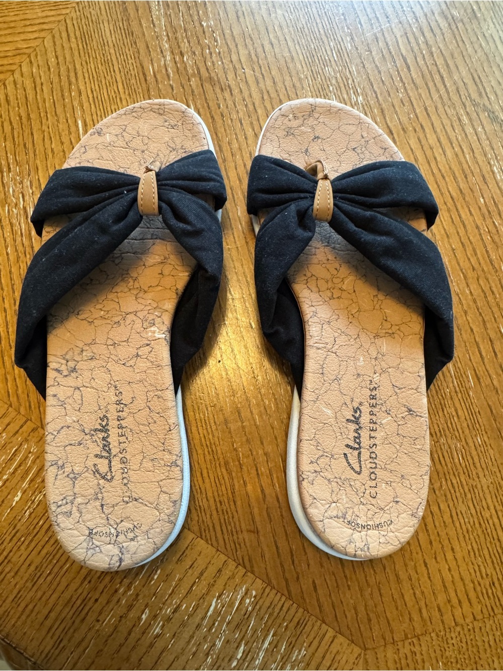 Clarks Cloudsteppers, Cork Sole Black knot Slide Sandals, “Eliza”Size 6.5, NWOT